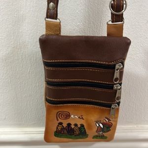 Leather Mini Crossbody Bag 3 Zipper Front Pockets & hand painted embossed design
